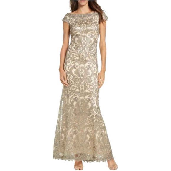 TADASHI SHOJI Adena Corded Embroidery Gown | Gold Nude Formal Evening Dress 14 - Picture 1 of 7